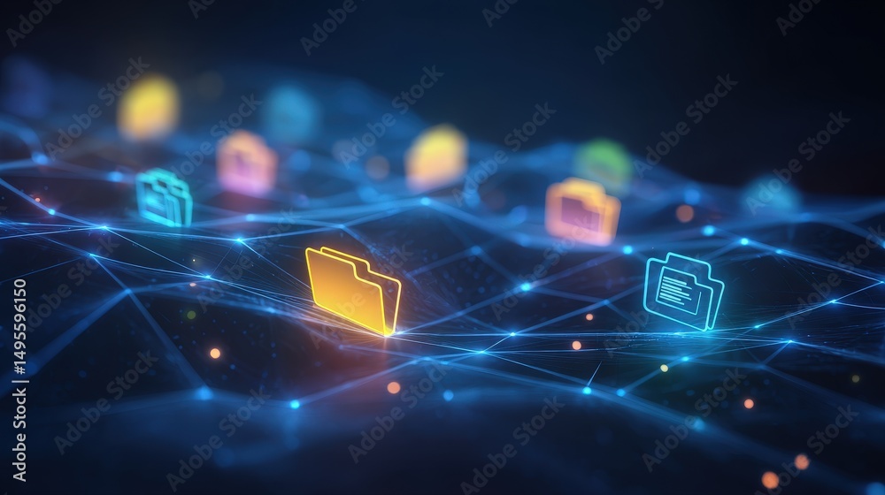 Poster abstract network grid with files and folders, futuristic software interface, digital document manage