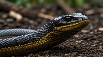 Fototapeta premium Close-up of a black and yellow snake on the ground