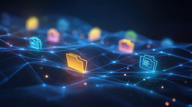 Abstract network grid with files and folders, futuristic software interface, digital document management system, store, search and organize documents, corporate business, paperless office	

