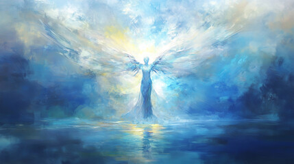 An abstract angelic figure with wings, light and an ethereal aura, set against a serene lake background.
