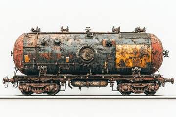Fototapeta premium Old, rusty tank car sits isolated on railroad tracks