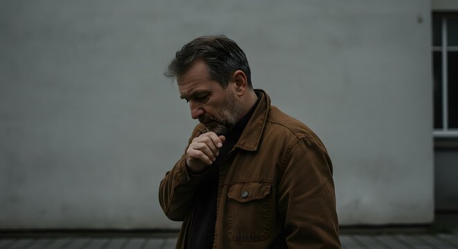 Thoughtful Middle-Aged Man in Brown Jacket, Pensive Expression, Outdoors Portrait Photography