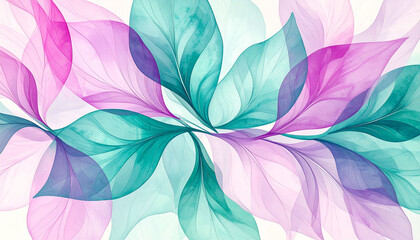 the image shows an artistic rendering of stylized leaves in an abstract composition. the leaves are rendered with transparent watercolor effects, layering to create depth and visual interest