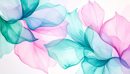 the scene is dominated by numerous translucent petal like shapes in shades of pink and blue green. these shapes overlap and blend together, creating a flowing and dynamic composition