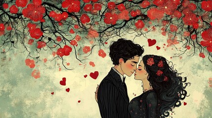 Fototapeta premium Romantic embrace between lovers enchanted garden illustrative art dreamy atmosphere close-up love concept