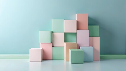 Obraz premium Pastel-colored cubes arranged in a visually appealing, asymmetrical stack against a serene backdrop
