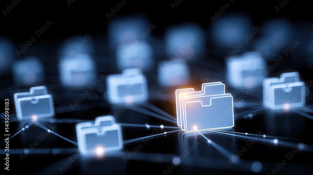 Poster abstract network grid with files and folders, futuristic software interface, digital document manage