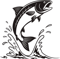 Jumping Salmon Fish Silhouette Design Illustration. Silhouette Design of a Jumping Salmon Fish. Salmon Fish Silhouette Artwork in Action. Dynamic Jumping Salmon Silhouette Design
