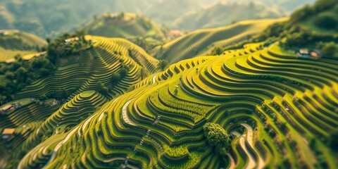 Aerial tilt-shift view of vibrant green terraced rice paddies resembling a miniature world, wallpaper, calm