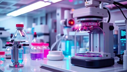 Advanced AI-powered biotech lab equipment producing innovative biopharmaceuticals,  drug discovery, deep learning
