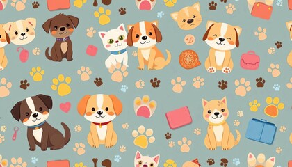 Adorable seamless pattern featuring cartoon dogs, cats, paw prints, and pet supplies , pets, pets
