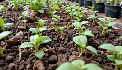 Seedlings in Soil: Rows of vibrant green seedlings emerge from dark, fertile soil, signifying new growth and the promise of a bountiful harvest.