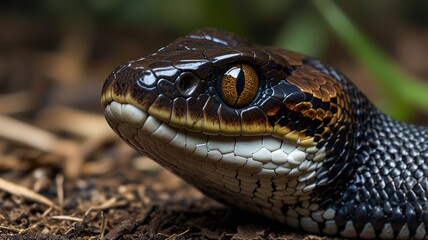 Fototapeta premium Glossy snake with vibrant eyes peers out from a dirt-covered area