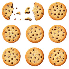 Collection of chocolate chip cookies arranged grid pattern, with one cookie broken into pieces. cookies are golden brown with evenly distributed chocolate chips, creating delicious and inviting