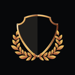 Black shield with golden frame and golden laurel for anniversary or award placeholder design. Vector illustration.