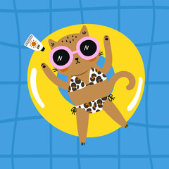 Summer card with cat in swimming ring. Vector