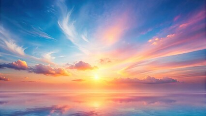 Serene Sunset A breathtaking vista of a tranquil ocean reflecting the vibrant hues of a colorful sky at twilight, with soft clouds and a radiant sun casting a warm glow