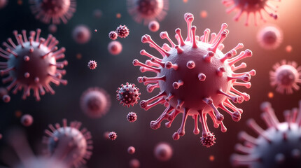 Obraz premium Close-up of Coronavirus Molecules in Red Light – Pandemic and Microbiology Background 