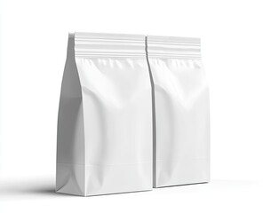 Two blank white zippered pouches, side view