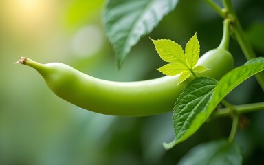 Fresh green bean pod with leaf. High quality