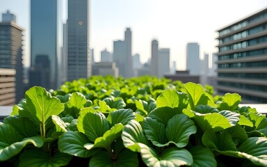 Urban rooftop farm showcasing leafy greens amidst city skyline. High quality