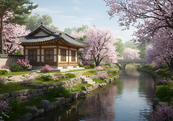 Fototapeta premium Traditional Hanok with the blue of early summer and warm sunlight. Suitable for travel blogs, cultural content, and architectural editorials.