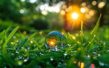 Orb reflects bright sunset in dewy grass