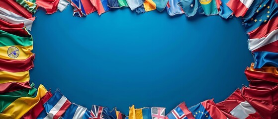 Global flags in vibrant colors set against a blue background with plenty of room for text, Generative AI.