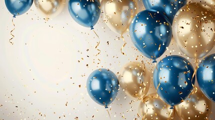 A concept for a birthday celebration featuring a white backdrop with a pile of metallic and golden balloons and text space, Generative AI.