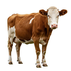 Brown and White Cow Facing Front Isolated on White Background – Natural Pose, High Detail

