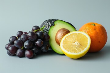 Vivid fruits and veggies rainbow colored vegan food isolated on a gray background with room for an advertisement, Generative AI.
