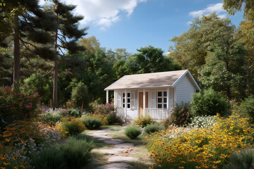 Charming cottage nestled in a garden, featuring vibrant flowers and a stone pathway under a sunny sky.