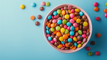 Above image depicts multicoloured chocolate beans in a bowl with space for advertising on a blue backdrop, Generative AI.