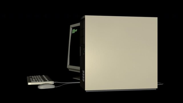 Old retro computer on alpha channel background in seamless loop.