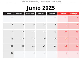 2025 Spanish june monthly calendar - junio. Vector illustrations month for Spain