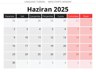 Turkish calendar for January 2025 - ocak. Vector illustration for winter month for Turkey