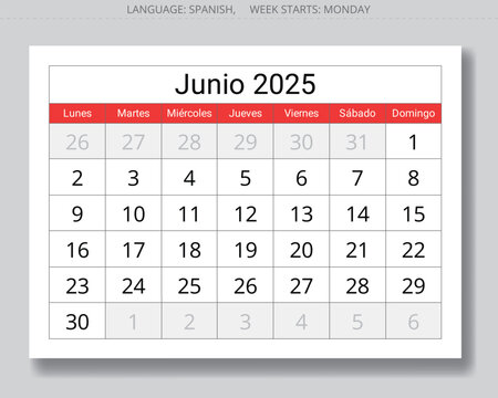 2025 Spanish june monthly calendar - junio. Vector page illustrations for summer month Spain