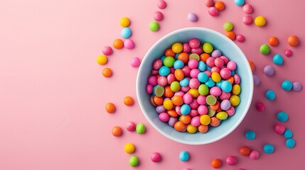 Above image depicts multicoloured chocolate beans in a bowl with space for advertising on a pink backdrop, Generative AI.