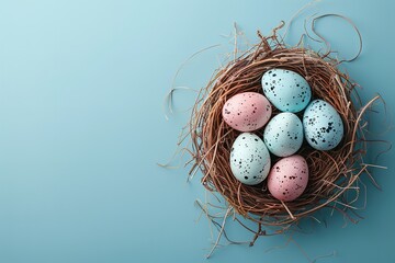 Easter backdrop with eggs in a nest of birds on a blue background with plenty of room for advertising, Generative AI.