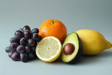 Vivid fruits and veggies rainbow colored vegan food isolated on a gray background with room for an advertisement, Generative AI.