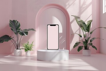 Smartphone dummy featuring verdant foliage against a light pink background and room for advertising, Generative AI.