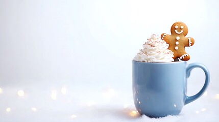 A gingerbread man sits happily atop whipped cream in a blue mug