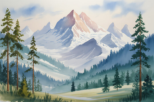 Watercolor painting of majestic snowcapped mountains and pine trees