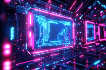 Cyberpunk neon frame with glowing blue and pink electric circuits pulsing along the edges in a futuristic digital style

