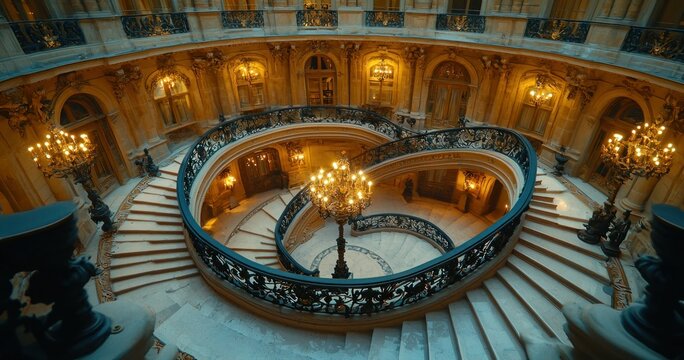 Ornate spiral staircase, golden lighting