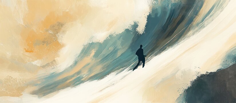 Abstract silhouette against painted ocean wave backdrop evoking adventure