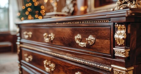 Ornate wood dresser with gilded trim and pull handles