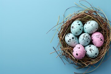 Easter backdrop with eggs in a nest of birds on a blue background with plenty of room for advertising, Generative AI.
