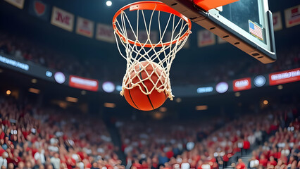 Winter Wonderland Swish: Snow-Surrounded Basketball Passing Through Frost-Covered Hoop
