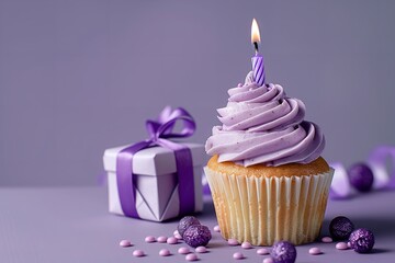 Close-up of a purple cupcake with a candle and a present box, featuring a birthday celebration motif set against a purple backdrop with text space, Generative AI.